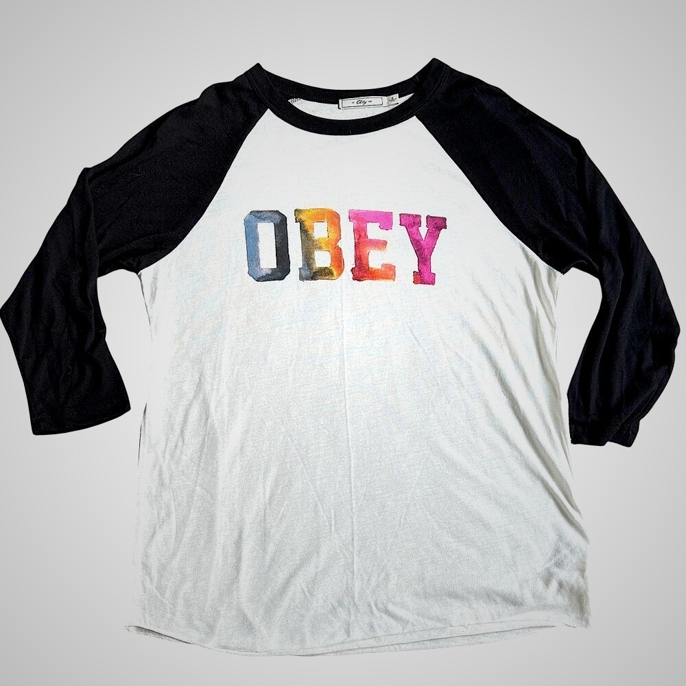 Obey Black and White Raglan Tee Size Small‎ Multicolor Bold "OBEY" Graphic